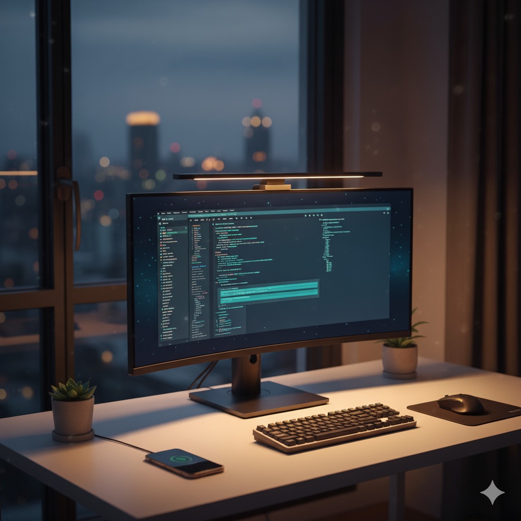 モニターライトを導入したデスク画像